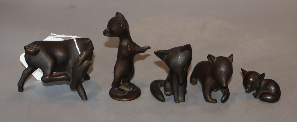 Five miniature bronze animals, signed Hagenauer